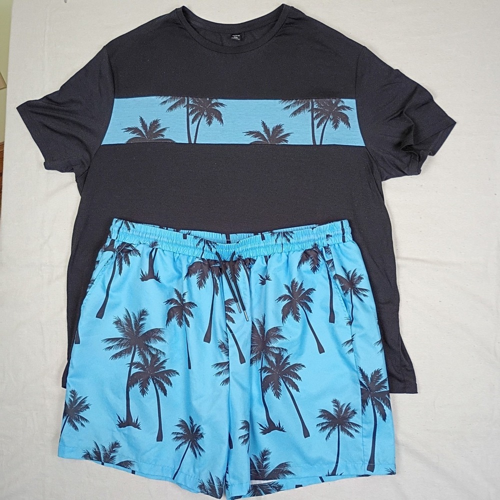 SHEIN Mens 5XL Tropical Palm Tree T-Shirt and Swim Trunks 2-Piece Set Black Blue